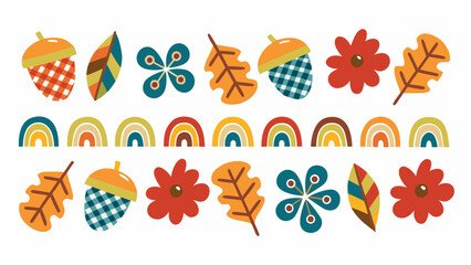 Autumn pattern strip with acorns leaves flowers and rainbow arches vector illustration high quality professional detailed modern elegant © Bikas
