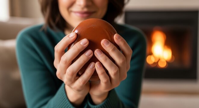 Person Holding Warm Mug Near Fireplace