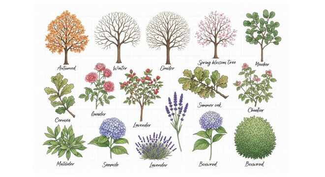 Watercolor Illustration Set of Seasonal Trees, Flowers, Lavender, Hydrangeas and Oak Leaves