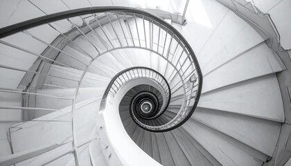 Fototapeta premium Overhead view of a spiraling staircase, monochrome
