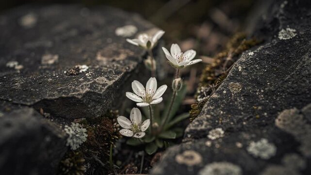Delicate white wildflowers blooming between dark textured rocks in natural outdoor setting