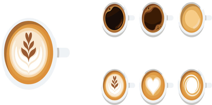 Coffee Cup Top View Vector Set with Latte Art Designs, Cappuccino Foam, Espresso Variations for Cafe Menu and Beverage Illustrations