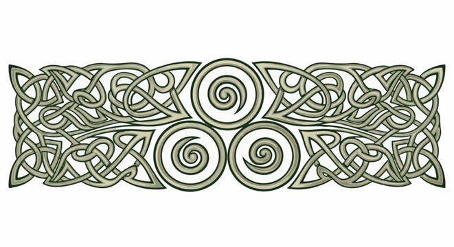 Intricate Celtic knotwork border with spiral motifs in muted tones