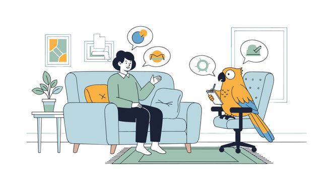 A woman sitting on a sofa talking to a parrot therapist taking notes in a cozy office setting, Generative AI.