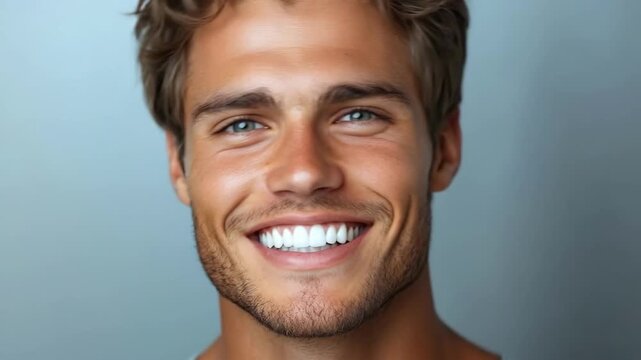 Smiling young caucasian man with brown hair and blue eyes