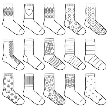 Hand-drawn doodle set of warm socks on a white background.