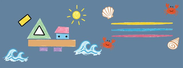 Obraz premium Cute Nautical Summer Illustration with a Boat, Sun, Sea Creatures, and Waves