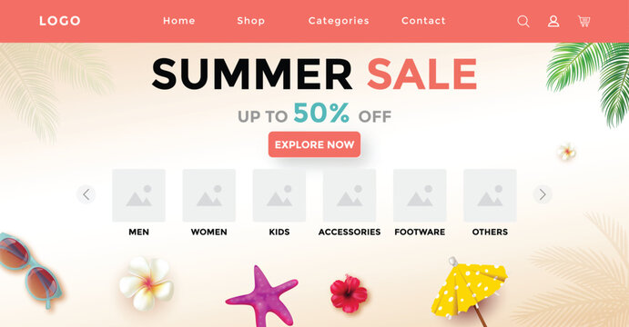 Modern Summer Sale E-commerce Category Header UI Template with Product Navigation and Discount Promotion