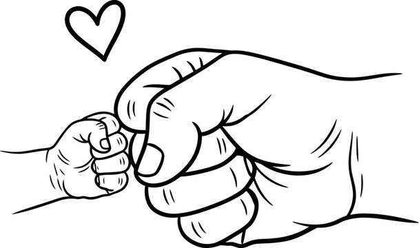 A tender black and white line art illustration of a father and baby fist bump with a heart.