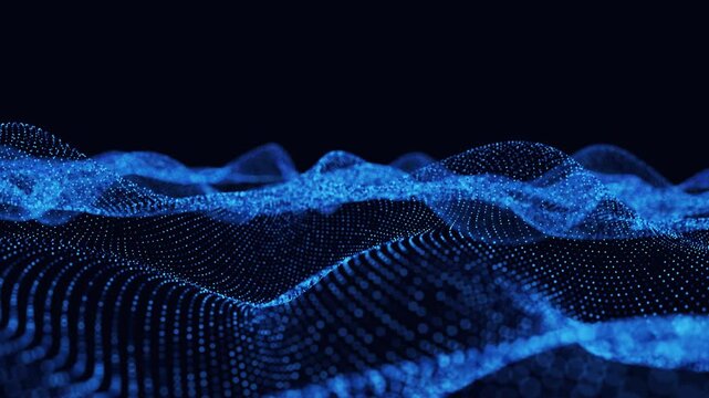 Big data visualization abstract technology wave with flowing particles and digital data transfer 3D rendering.