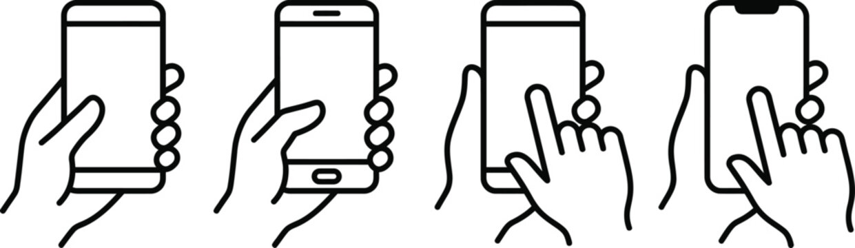 Hand holding smartphone icons set with touchscreen gestures and mobile phone models.