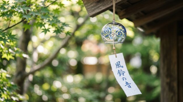 Traditional Japanese Glass Wind Chime Hanging in a Temple Garden