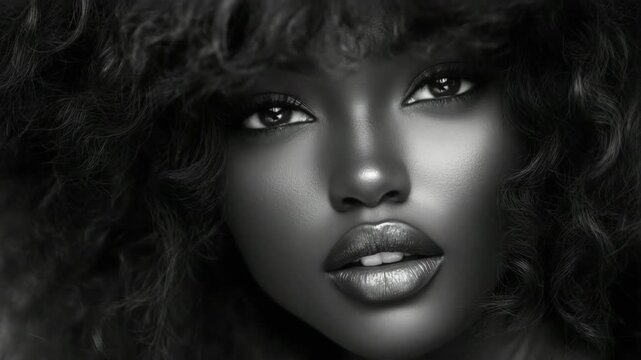 Young black woman with curly hair posing in dramatic black and white  