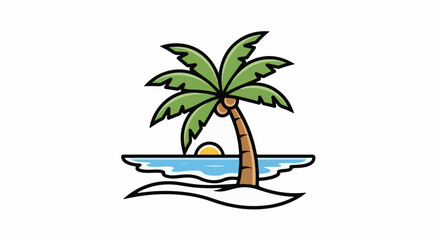 Obraz premium A cartoon palm tree leans over a sandy beach with ocean waves
