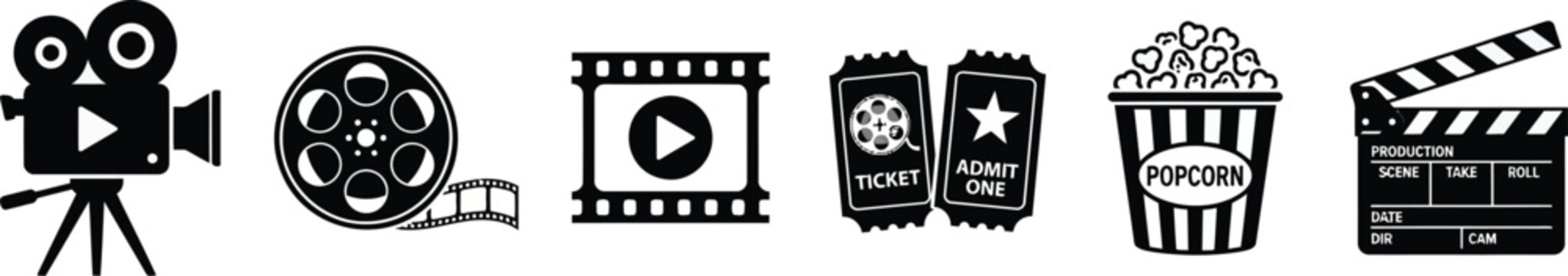 Cinema industry equipment and entertainment set icons collection.