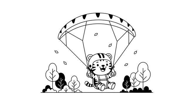 A cartoon tiger smiles mid-air under a parachute, descending above a minimalistic forest. Outlined trees and leaves complete the black and white illustration