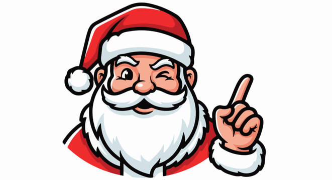 A cartoon of Santa Claus winking and pointing upwards with one finger