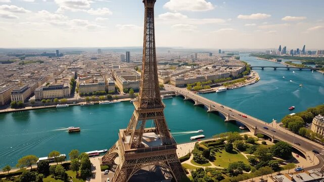 Aerial view of Paris with the Eiffel Tower overlooking the serene Seine River and classic cityscape