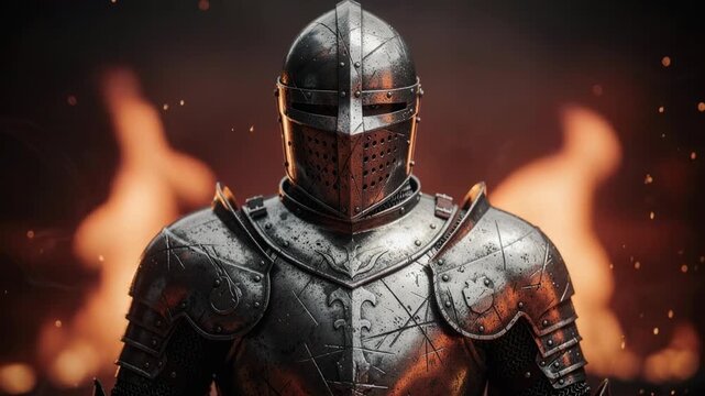 Medieval knight in detailed battle-worn armor with fiery background and dramatic lighting