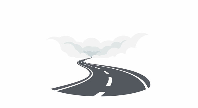 Winding asphalt road disappearing into atmospheric clouds under a bright sky