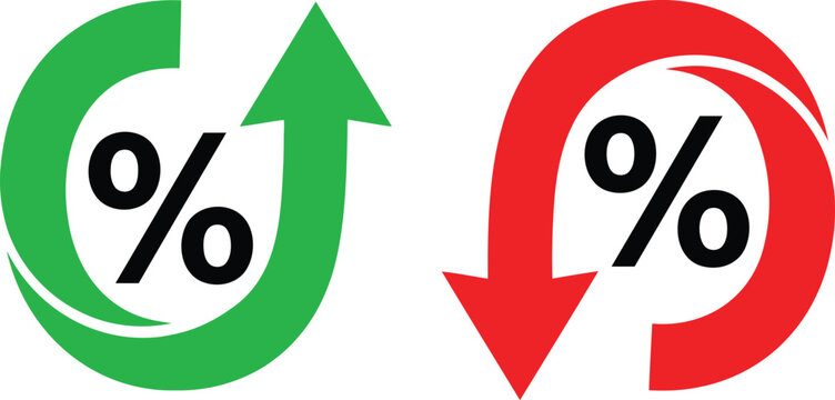 Percentage up and down vector icons, green arrow pointing up and red arrow pointing down with percent sign inside.