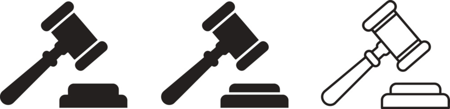 Gavel icon vector illustration in three different styles, court hammer for justice and law verdict symbol.