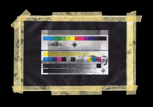 stylized abstract composition featuring a distorted color test pattern with glitch effects, overlaid textures, and analog noise.