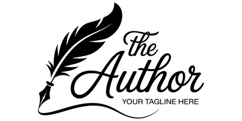 A stylish logo design featuring a vintage feather quill pen integrated with elegant script text, perfect for book authors, writers, and publishers. © Jagonnath