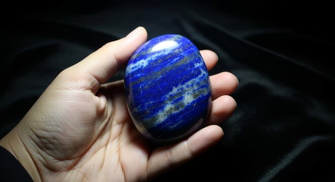 Hand holds polished blue lapis lazuli gemstone