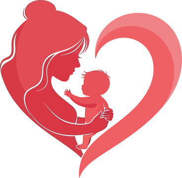 Mother cradles her baby within a stylized heart silhouette, symbolizing the profound maternal love and protective bond between a parent and newborn child.