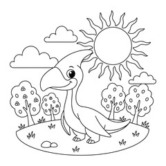 Pterodactyl stands in a sunny field with blooming fruit trees and fluffy clouds for a kids coloring page © Crafter