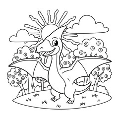 Pterodactyl spreads its wings in a sunny prehistoric forest with blooming trees for a coloring page © Crafter
