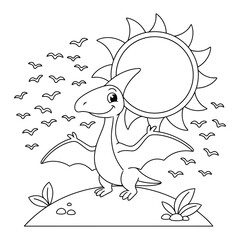 Pterodactyl stands on a small hill under a big bright sun with flying birds for a children coloring page © Crafter