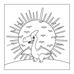 Pteranodon stands in front of a giant sun with a flock of birds for a prehistoric kids coloring page © Crafter