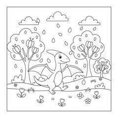 Pterodactyl walks through a rainy spring garden with blooming flowers and trees for a coloring page © Crafter