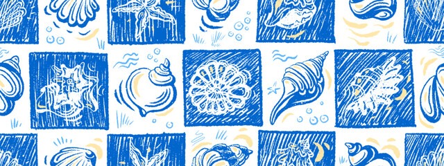 Ocean seamless tile design featuring sketched seashells, coral and nautical motifs. Ideal for tropical backdrop, Mediterranean style print or coastal home decor. Vector texture hand drawn wallpaper © Yauheniya_Bandaruk
