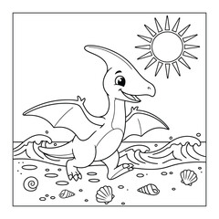 Pteranodon walks along a sandy beach with sea shells and ocean waves for a children coloring page © Crafter