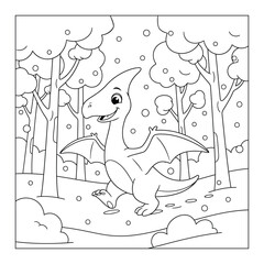 Pterodactyl dinosaur walks through a lush prehistoric forest with tall trees for a children coloring page © Crafter