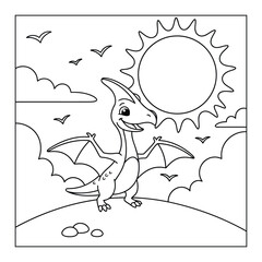 Pteranodon stands on a grassy hill under a bright smiling sun for a prehistoric kids coloring page © Crafter