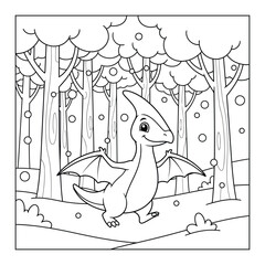 Pterodactyl dinosaur walks through a dense prehistoric forest with tall trees for a kids coloring page © Crafter