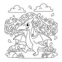 Pterodactyl dinosaur walks through a dense prehistoric forest with tall trees for a kids coloring page © Crafter