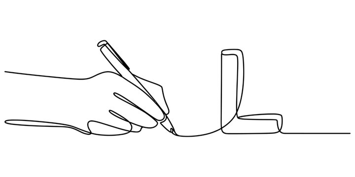 Continuous single line drawing of a human hand holding a pen and writing the capital letter l on a flat surface in a simple minimalist art style