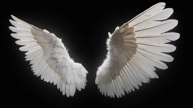 Beautiful white angel wings with soft feathers isolated on black background for spiritual and fantasy concepts