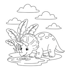 Dinosaur cute triceratops drinking water by pond with plants clouds simple outline coloring page © Crafter