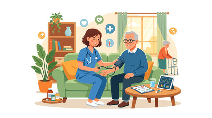 Fototapeta premium Nurse taking elderly mans blood pressure in a cozy living room setting