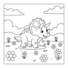 Dinosaur cute triceratops walking in flower meadow with hills clouds and sky simple outline coloring page © Crafter
