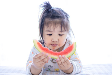 Fototapeta premium Adorable Asian Toddler Girl Eating Juicy Watermelon Slice with Enjoyment,A cute little Asian girl with a ponytail lying down and holding a half-eaten slice of fresh watermelon. She looks focused.