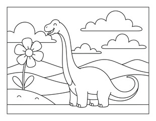 Brachiosaurus dinosaur stands in a beautiful landscape with mountains and a big flower for a coloring page © Crafter