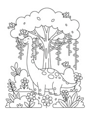 Brachiosaurus dinosaur stands in a lush prehistoric forest with a large tree and birds for a coloring page © Crafter