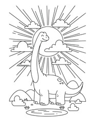 Brachiosaurus dinosaur stands in a prehistoric landscape with a large shining sun for a coloring page © Crafter